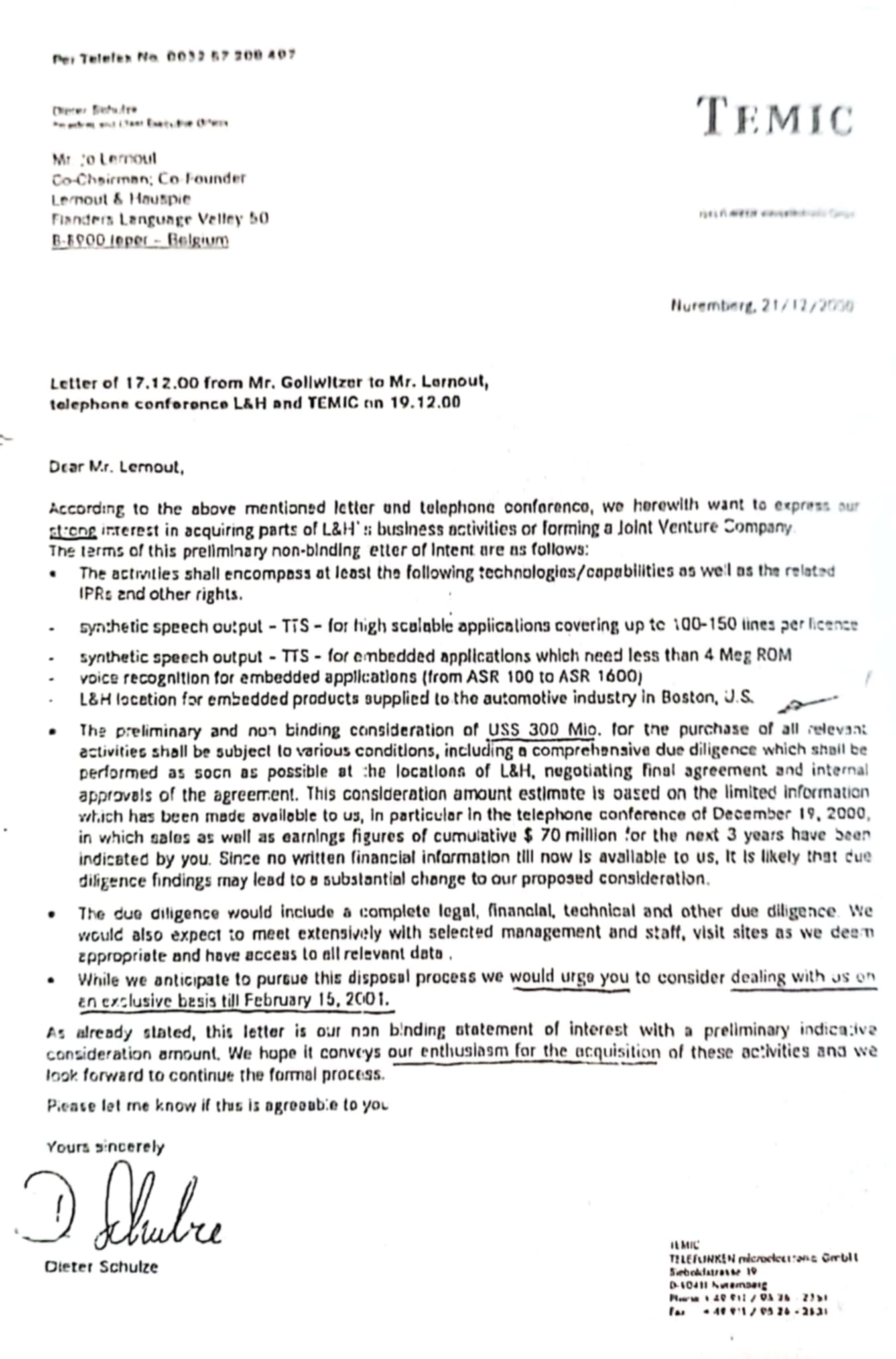 Letter of Intent (LOI) from Daimler Benz's Temic Division to License all L&H Technology